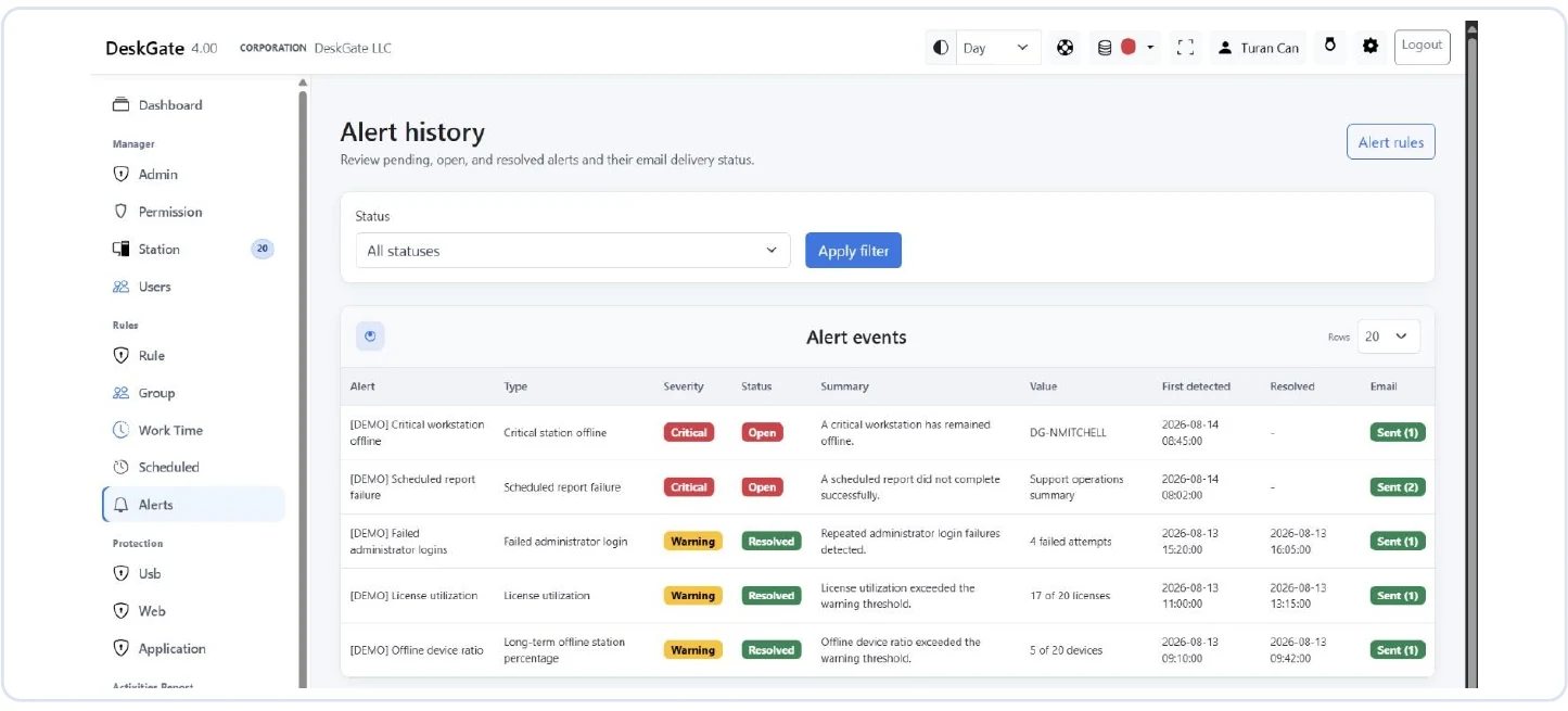 DeskGate alert history