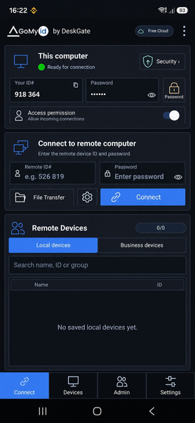 DeskGate Fjernskrivebord Android-forbindelsesskærm