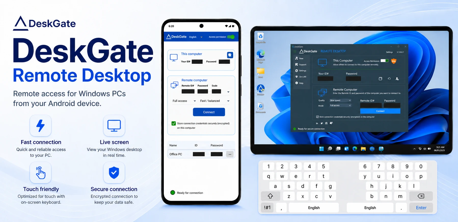 DeskGate Android remote desktop access to a Windows computer