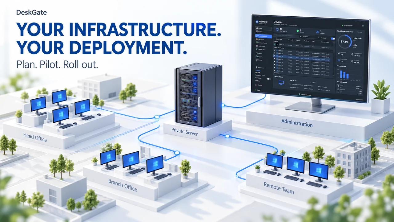 DeskGate deployment campaign illustration inspired by the product interface